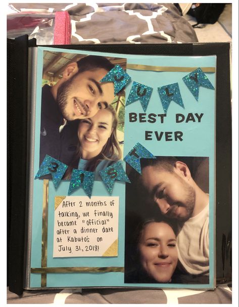 1st Year Together Scrapbook, Our First Year Together Scrapbook Ideas, Our First Year Book Boyfriend, Memory Journal Ideas For Boyfriend, Scrapbook For Love, Scrapbook First Page Ideas Love, First Page Of Scrapbook For Boyfriend, Our Story Book Diy Pages, 1st Year Scrapbook Boyfriend