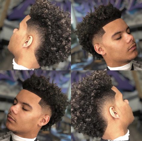 Frohawk Fade Men Curly Hair, Black Men Mohawk Hairstyles, Curly Hair Mohawk Fade, Frohawk Fade Men, Burst Fade Mohawk Curly Hair, Fro Hawk, 4c Mohawk, Afro Mohawk, Curly Faux Hawk Boy