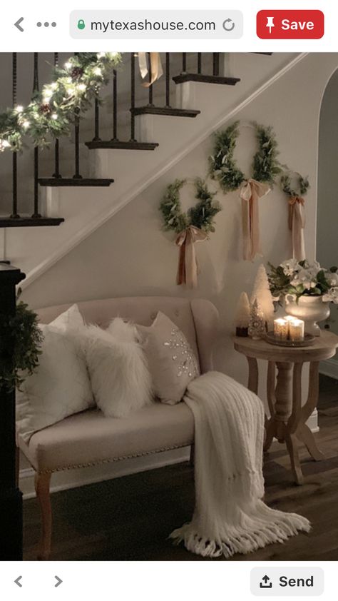 Nook Above Stairs, Beside Stairs Decor, End Of Staircase Decor, Christmas Entry Bench, Top Of Stairs Corner Decor, Top Of Stairs Decor Upstairs Landing, Stair Landing Decor Ideas, Top Of Stairs Decor, Stair Landing Decor