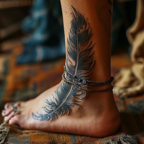 Detailed feather tattoo above the ankle with delicate shading, complimented by a simple anklet. Symbolizes creativity and free spirit. Anklet Tattoo, Anklet Tattoos, Background Drawing, Feather Tattoo, Body Modification, Creative Personality, Ankle Tattoo, Lower Leg, Blurred Background