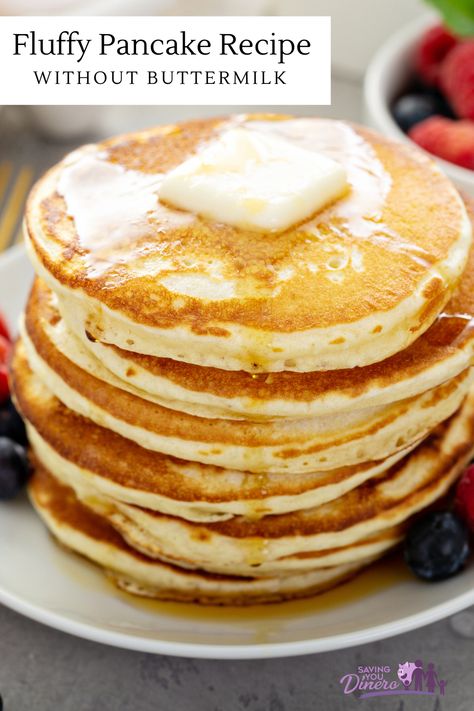 best pancake recipe - fluffy and easy without buttermilk Pancakes Without Buttermilk, Flour Pancakes, No Butter Pancakes, No Buttermilk Pancakes, Pancakes No Buttermilk, Pancakes Without Milk, Pancake Recipe No Butter, Homade Pancakes Recipe, Pancake Recipe Without Buttermilk