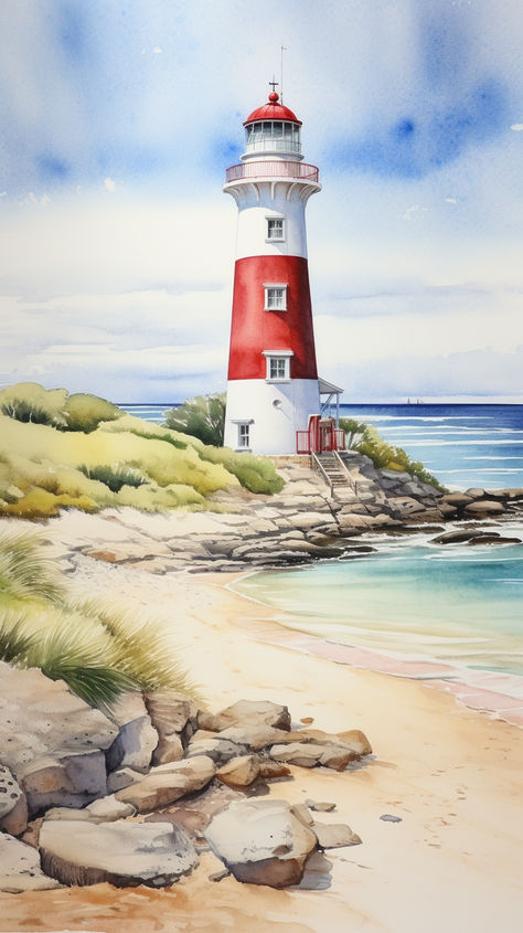 Embrace the peaceful radiance and guiding comfort of a lighthouse Lighthouses Watercolor Painting, Lighthouse Beach Painting, Painting Of A Lighthouse, Light Houses Painting, Lighthouse Watercolor Painting Tutorial, Beach Hut Painting, Lighthouse Acrylic Painting, Lighthouses Painting, Light House Art