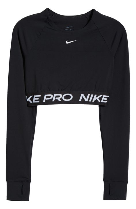 Nike Pro lettering details the stretchy, cropped hem of a second-skin top designed with sweat-wicking Dri-FIT tech that helps you stay dry and comfortable. 13 1/2" length (size Medium) Crewneck Long sleeves with thumbhole cuffs Dri-FIT moisture-wicking technology 83% polyester, 17% spandex Machine wash, dry flat Imported Nike Pro Top, Nike Set Outfits Women, Nike Workout Outfits, Nike Clothes Women, Nike Pros Outfit, Nike Shirts Women's, Nike Fits, Nike Women Outfits, Nike Stuff