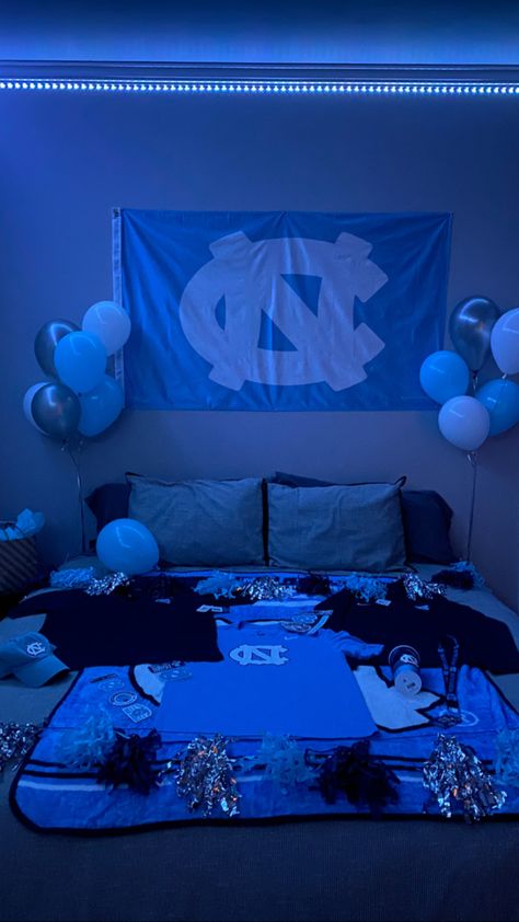 College acceptance decration ideas #unc #college #collegeacceptance #boyfriend #roomdecor Unc Bed Party, North Carolina College Aesthetic, Unc College Aesthetic, Unc Aesthetic, Unc Lacrosse, Unc Dorm, College Manifestations, Unc College, College Announcements