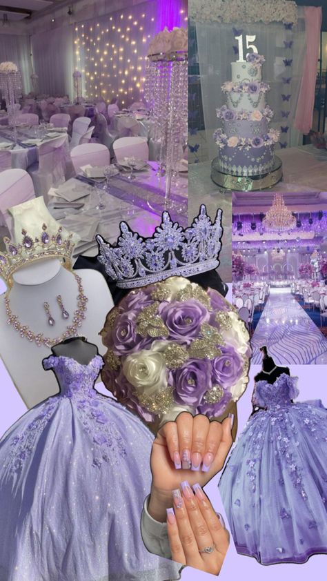 dream quince 15💜💟🟪 Lavender 15 Dresses Quinceanera Butterfly, Quinceanera Themes Lavender, 15 Quinceanera Decoration, Quince Light Purple Theme, Luxury Quinceanera Party, Lilac And White Quinceanera, 30th Quincenera, Quince Decorations Purple And Silver, Pastel Purple Quinceanera Theme