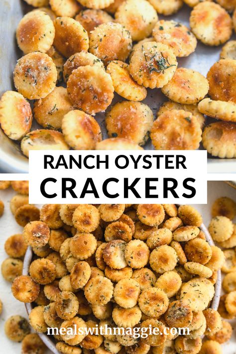 These ranch oyster crackers have always been a family favorite! They are quick, easy and can be made in under 25 minutes! #ranchoystercrackers #baked Homemade Seasoned Crackers, Ranch Crackers Recipe, Oyster Crackers Recipe, Seasoned Oyster Crackers, Ranch Oyster Crackers, Ranch Crackers, Party Mix Snacks, Seasoned Crackers, Oyster Crackers