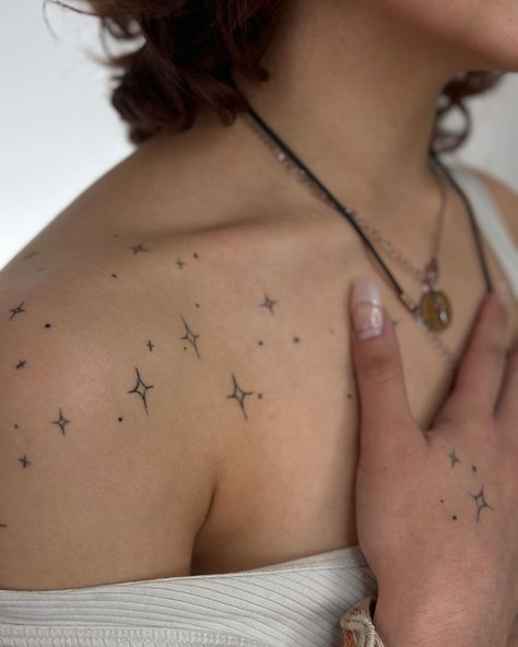 Healed Star Tattoos ✨ • • • • #healedtattoo #finelinetattoo #startattoo #minnesotatattooartist Sprinkle Tattoo Design, Space Scene Tattoo, Celestial Stars Tattoo, Halloween Collarbone Tattoo, Stars Spine Tattoos For Women, Small Star Tattoos On Shoulder, Collar Bone Star Tattoos For Women, Wrap Around Star Tattoo, Sparkly Star Tattoo