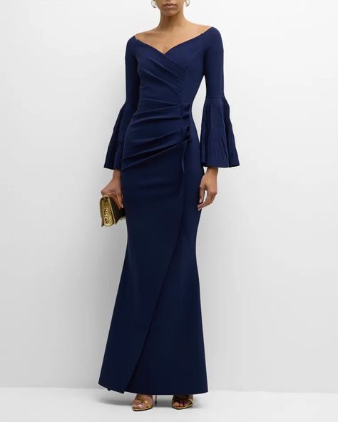 T5J14 Chiara Boni La Petite Robe Pleated Cutout Bell-Sleeve Mermaid Gown Pleated Gown, Long Sleeve Evening Gowns, Chiara Boni, Designer Evening Gowns, Evening Dress Floor Length, Mob Dresses, Mermaid Gown, Gowns Of Elegance, Groom Dress