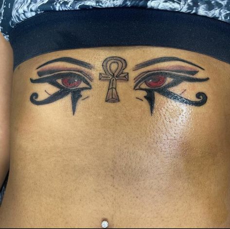 Ankh Face Tattoo, Eye Of Horus Tattoo Black Women, Ankh Back Tattoo, Black Culture Tattoos For Women, Eygptain Tattoos, Ankh Tattoo Design, Neck Tattoo Women, Goddess Tattoo Design, Eye Of Horus Tattoo