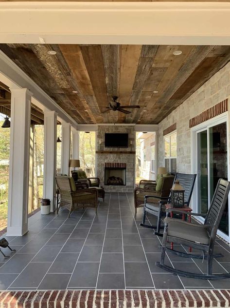 How We Transformed Our Porch (Total Porch Renovation) Outdoor Covered Porch, Barn Wood Ceiling, Living Pool, Outdoor Covered Patio, Porch Fireplace, Porch Remodel, Build A Fireplace, Outdoor Fireplace Patio, Porch Ceiling