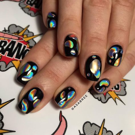 Holographic And Black Nails, Black And Holo Nails, Black Nails With Holographic Glitter, Nail Inspo, Nails, Beauty, Instagram