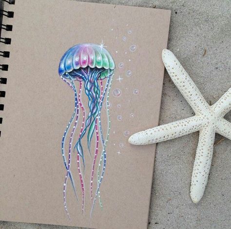 Colored Pencil Art Projects, Watercolor Pencil Art, Sea Creatures Art, Colorful Jellyfish, Jellyfish Drawing, Drawing Color, Fish Drawings, Jelly Fish, Sea Creature