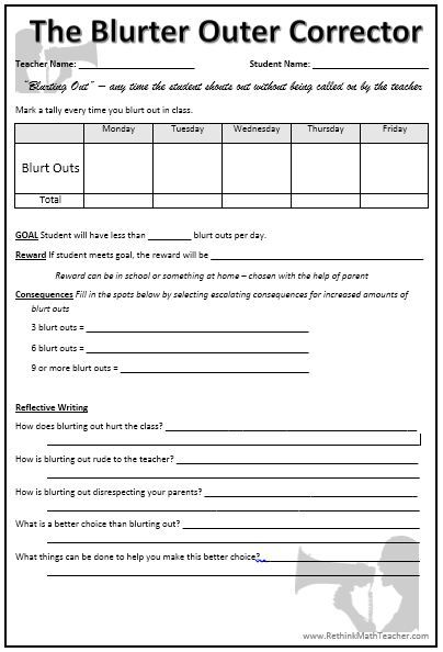 15 Strategies for the Student who Keeps Blurting Out - RETHINK Math Teacher Stop Blurting In The Classroom, Behavior Posters For The Classroom, Self Monitoring Checklist Student, Behavior Reflection Sheet Middle School, Behavior Charts For The Classroom Middle School, Blurt Chart, Reflection Worksheet, Reflection Sheet, Teaching Classroom Management