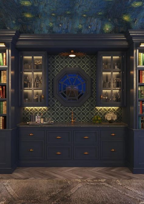 Night Room Bar Dark Blue Bar Cabinets, Library Bar Room, Dark Blue Bar, Coastal Victorian, Basement Tv Room, Basement Tv Rooms, She Cave, Night Room, Movie Theater Rooms