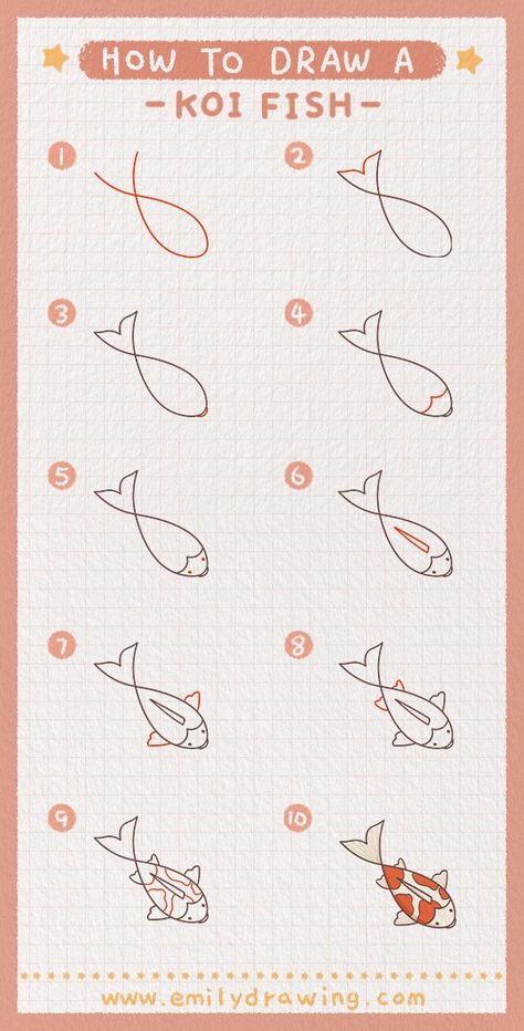 Learn how to draw a colorful koi fish with this step-by-step tutorial. Start by outlining the fish's shape and adding details, then bring it to life with vibrant colors. Perfect for artists of all levels! Easy Art Step By Step, Koi Drawing Tutorial, How To Draw Coy Fish, Japanese Drawing Tutorial, How To Draw An Aquarium, How To Draw A Goldfish, Koi Fish Drawing Step By Step, Kio Fish Drawing, Cool Fish Drawing