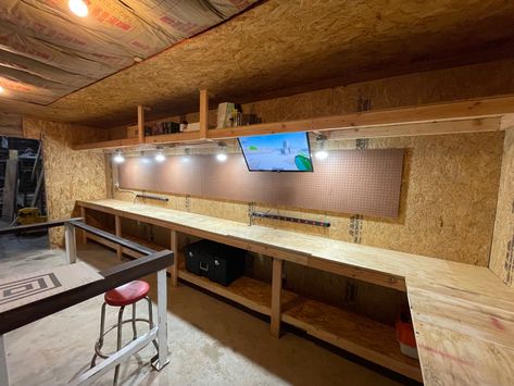 Leather, sewing, electronics, reloading, automotive builds Office Workshop Ideas, Workshop Office Ideas, Electrical Workshop, Electronic Workshop, Garage Wall Ideas, Woodworking Workshop Layout, Garage Wall Shelving, Garage Workshop Layout, Garage Closet