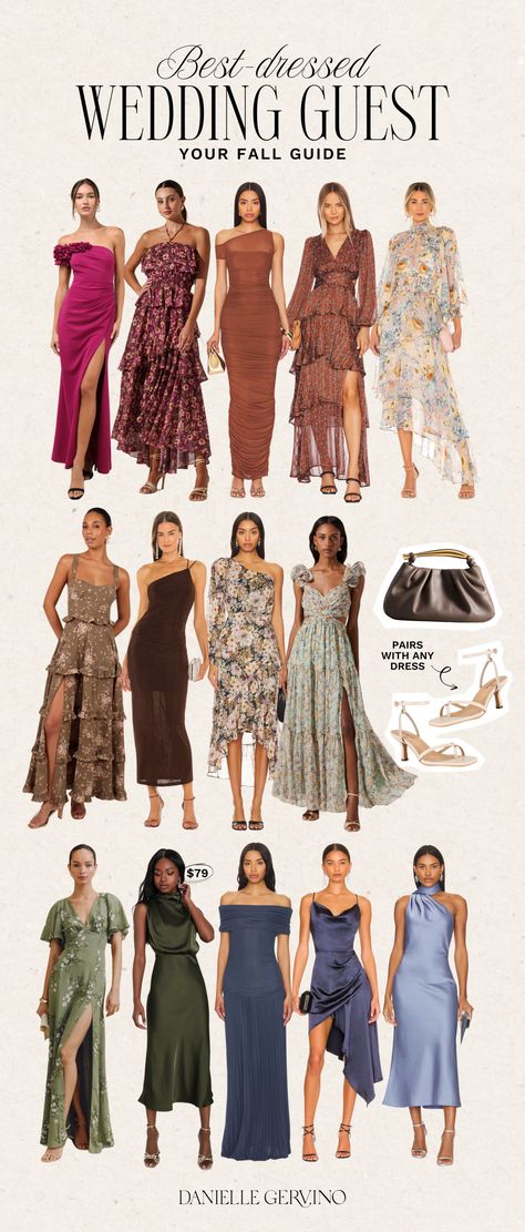 Best-Dressed Guest: Fall 2024 Wedding Guest Dresses Floral Dresses Formal, Fall Wedding Guest Dress Formal, Formal Dresses Satin, Wedding Attire Guest Fall, Fall Wedding Guest Attire, Fall 2024 Wedding, Wedding Guest Dresses Fall, Cocktail Dress Attire, Wedding Guest Guide