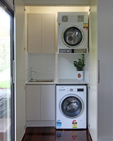 Perfect solution to a laundry space when you don’t have much space! Compact Laundry Room, Compact Laundry, Laundry Doors, Drop Pendant Lights, Standing Bath, Double Shower, Shaving Mirror, Laundry Design, Ensuite Bathrooms