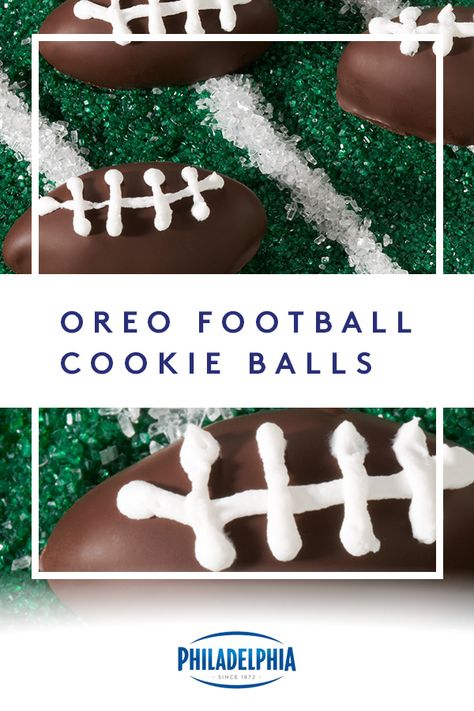 Get in the football spirit with these OREO Football Cookie Balls. Combining cookies, chocolate and PHILADELPHIA Cream Cheese is what we call “winning snack time.” #ItMustBeThePhilly Football Food Charcuterie Board, Eagles Desserts Football, Oreo Football, Bowl Desserts, Football Desserts, Oreo Balls Recipe, Football Treats, Superbowl Desserts, Superbowl Food