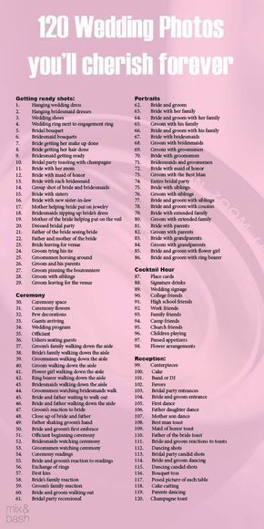 It’s a cliché, but it’s true: Your wedding day will fly by. Afterwards, you’ll want pictures (and maybe even video footage) of all the special moments. Great photographers will help you out by asking for a shot list before the big day. A shot list is a detailed checklist of every moment, detail, and person you want photographed. That’s why we came up with a starter list of 120 photos that you and your new family will treasure for years to come. Getting ready Hanging wedding dress Hanging Wedding Dress, Wedding Picture List, Wedding Photo List, Photo Checklist, Wedding Photography Checklist, Diwali Images, Wedding Day Timeline, Foto Tips, Future Mrs