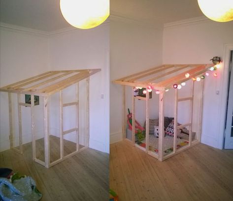 Build Indoor Playhouse, Diy Playhouse Indoor, Diy Indoor Playhouse, Basement Playhouse, Playhouse Interior Ideas, Cubby Ideas, Playhouse Indoor, Kids Indoor Playhouse, Alcove Cupboards