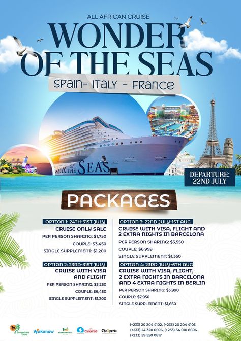 Cruise Poster Design, Tour Itinerary Design, Travel Package Poster Design, Wonder Of The Seas, Studio Background Ideas, Travel Advertising Design, Travel Brochure Design, Bali Tour Packages, Itinerary Design