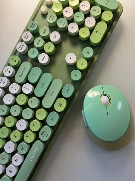 Colorful wireless keyboard and mouse combo that is affordable and great quality! Typing on this is incredibly satisfying! Green Computer Mouse, Green Keyboard Wallpaper, Aesthetic Keyboards, Keyboard Green, Green Typewriter, Green Keyboard, Typewriter Keyboard, Unique Keyboards, Random Pokemon