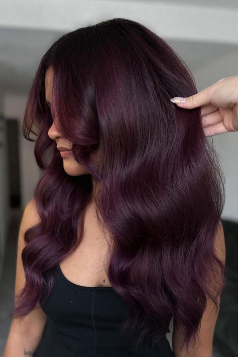 Dark Cherry Ombre Hair, Burgundy Violet Hair, Wine Purple Hair, Deep Plum Hair Color, Cherry Purple Hair, Burgundy Plum Hair Color, Plum Balayage, Burgundy Hair Colour, Dark Red Purple Hair