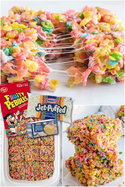 Fruity Pebbles treats are the perfect balance of crispy and fluffy that combines colorful cereal with gooey marshmallows. If you are a fan of classic Rice Krispies treats, you will definitely love the fruity flavor of this rainbow version. Fruity Pebbles Rice Crispy Treats Recipe, Marshmallow Treats Recipe, Rice Crispy Cake, Fruity Pebbles Treats, Marshmallow Cereal, Rice Crispy Treats Recipe, Fruity Pebbles Cereal, Pebbles Cereal, Krispie Treats Recipe