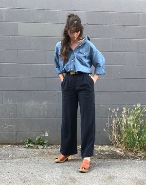 b5a1fc2085986034e448d2ccc5bb9703desc36066932ri Jean Milburn, Chambray Shirt Outfit, Chambray Shirt Outfits, Flax Plant, Wide Leg Linen Pants, Fine Yarn, Chambray Shirt, Blue Pants, Minimal Fashion