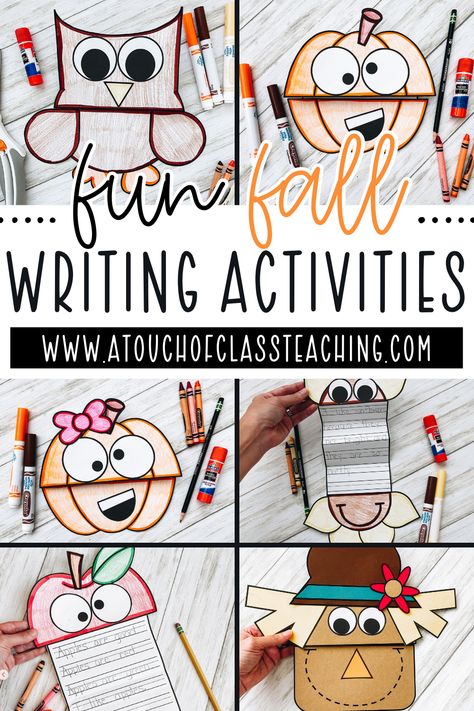 These fun fall writing activities are perfect to use in September and October. Students can create the writing craftivity to go along with a fall read aloud, or use them to write about fall writing prompts. Educational Fall Activities For Kids, Fall Teaching Activities, Fall Writing Activities 3rd Grade, Kindergarten Fall Writing Activity, Fall Art For Second Grade, Fall Fun Friday Activities, Pumpkin Crafts For 1st Grade, Fall Writing Craftivity First Grade, Fall Class Projects