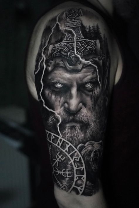 Viking Odin Tattoo, Viking Upper Arm Tattoo, Nordic Gods Tattoo, Viking God Tattoo, Nordic Mythology Tattoo, Drew Ideas, Odin Tattoos, Black And Grey Realism Tattoo, Northern Mythology