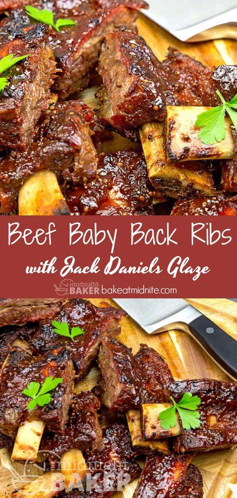 Jack Daniels Beef Baby Back Ribs - The Midnight Baker - Beef Rib Recipe #beefribs #recipes #BBQ Jack Daniels Ribs Recipe, Beef Baby Back Ribs, Beef Rib Recipe, Jack Daniels Glaze, Jack Daniels Recipes, Pot Roast Brisket, Bbq Ribs Recipe, Bbq Beef Ribs, Whiskey Glaze