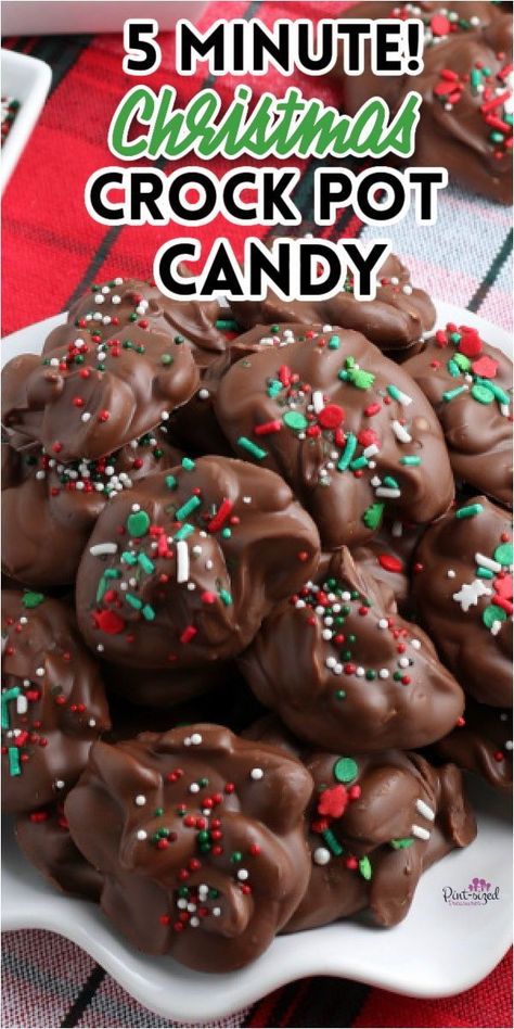 Chocolate covered peanuts candy on a plate. Topped with festive sprinkles. Candy For Christmas, Crock Pot Candy, Christmas Crock, Crockpot Christmas, Chocolate Covered Nuts, Crockpot Candy, Peanut Clusters, Peanut Candy, Chocolate Covered Peanuts