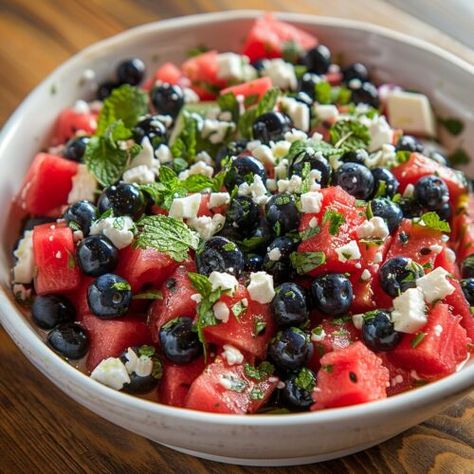 Watermelon Feta Blueberry Salad - Dee Dee Does Patriotic Appetizers, Party Side Dishes, Sweet Appetizer, Blueberry Salad, Blueberry Mint, Salads For A Crowd, Fresh Summer Salad, Salad With Feta, Patriotic Food