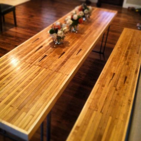 Custom vintage bowling alley dining table and bench Bowling Alley Bar Top, Bowling Decor, Bowling Alley Table, Bowling Wedding, Vintage Bowling Alley, Commercial Ideas, Bowling Lane, Dining Table And Bench, Boston House