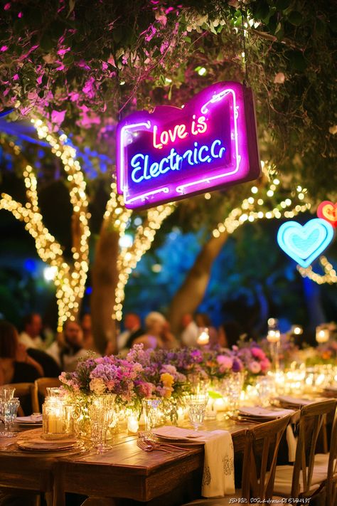 Illuminate your big day with neon signs for wedding decor! These unique ideas add a vibrant touch to your celebration, creating a fun and memorable atmosphere. Explore inspiring designs that make your wedding shine!    #WeddingDecor #NeonSigns #WeddingInspiration #UniqueBridalIdeas #WeddingPlanning #WeddingTrends #EventDecor #WeddingIdeas #InstaWedding #BridalTips #ColorfulWedding #WeddingVibes #NeonWedding #RusticChic #CeremonyDecor Wedding Music Festival Theme, Modern Vibrant Wedding, Neon Sign Sweetheart Table, Neon Wedding Theme, Neon Light Wedding, Music Festival Wedding, Signs For Wedding, Backyard Wedding Decorations, Oyster Roast