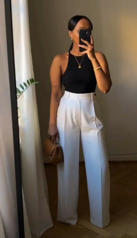 Outfits For Las Angeles, Black And White Corporate Attire, Black Women Trousers Outfit, Business Casual Outfits With Jeans And Sneakers, A Line Pants Outfit, Black Dress Pants Outfit For Work Summer, Summer Business Outfits Women Classy, Jewelry For High Neck Dress, Marketing Work Outfit