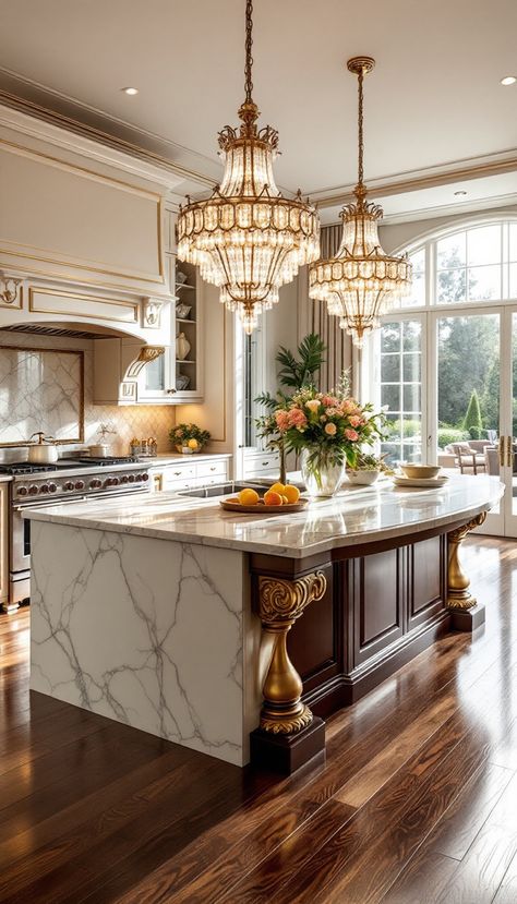 Step into this dreamy kitchen space that exudes Hollywood glamour, featuring a striking marble island as the centerpiece. Captured in the warm glow of golden hour, the floor-to-ceiling windows bathe the room in natural light, accentuated by sparkling gold chandeliers and modern LED lighting. A design that not only wows but also inspires, perfect for your Pinterest board. Mansion Kitchen, Awesome Kitchens, Gold Chandeliers, Glamorous Kitchen, Trendy Kitchen Design, Luxe Kitchen, Kitchen Butlers Pantry, Grand Kitchen, Marble Island