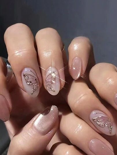 Nail Design Butterfly Simple, Coral Color Nail Designs, Unique Coffin Acrylic Nails, Clear Fairy Nails, Pink And Gold Summer Nails, Natural Butterfly Nails, Structured Gel Nail Designs, Nail Art Designs November, Elegant Summer Nail Designs