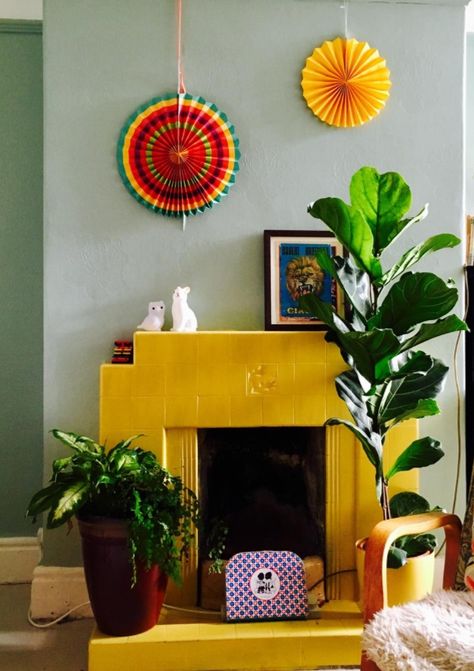 Farrow & Ball Babouche Painted Fireplace. Yellow and Green paint color scheme interior. Babouche Farrow And Ball, Yellow Fireplace, Farrow Bal, Light Green Walls, Paint Fireplace, Dining Room Blue, Paint Color Schemes, Childrens Playroom, Wall Exterior