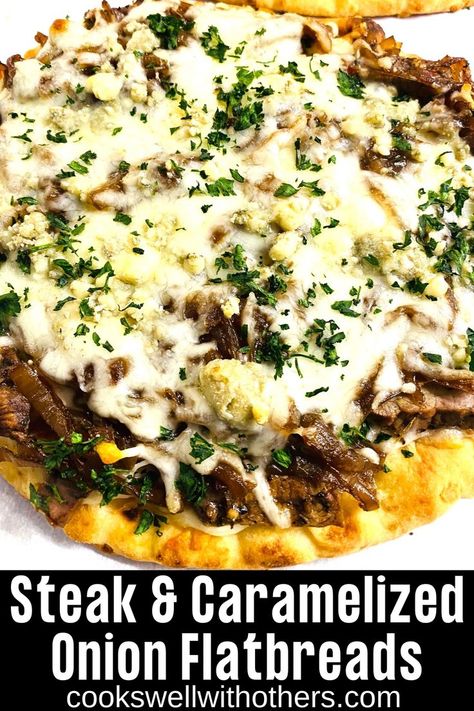 pizza topped with steak onions and cheese Steak Flatbread Pizza, Flatbread Toppings, Naan Pizza Recipes, Breaded Steak, Flatbread Pizza Recipes, Steak And Onions, Recipes With Naan Bread, Cheese Flatbread, Naan Pizza