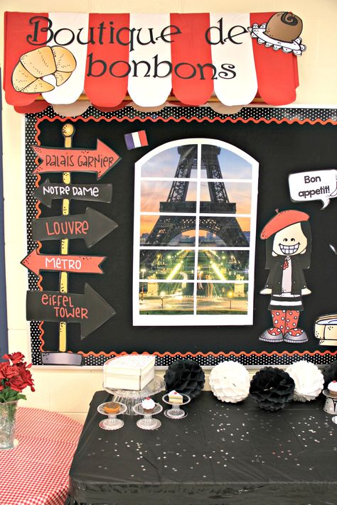 school theme paris france bulletin board Europe Classroom Theme, French Classroom Decor Bulletin Boards, Paris Theme Window Display, French Display, French Theme Classroom, French Cafe Classroom Theme, France Party Theme, France Poster Board Project, Cafe Board Ideas