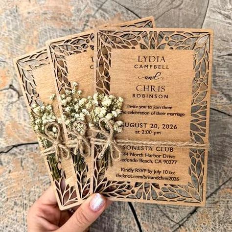 Pack of Floral Personalized Wedding Invitations - Laser Cut Wedding Invitation - Flower Twined Wooden Invitations with Envelopes & Stickers Wedding Invitations Flower, Dr Wedding, Personalized Wedding Invitations, Wooden Wedding Invitations, Forest Theme Wedding, Dressing Ideas, Handmade Invitations, Wedding Cards Handmade, December Wedding