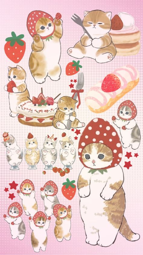 #strawberry #cat #juminocore #coquette #cottagecore #red #redaesthetic #pink #pinkaesthetic #cats #art Cottagecore Prints, Strawberry Cat, Cottagecore Wallpaper, Jelly Wallpaper, Coquette Cottagecore, Wallpaper Doodle, Iphone Wallpaper Themes, Hello Kitty Iphone Wallpaper, Cats Art