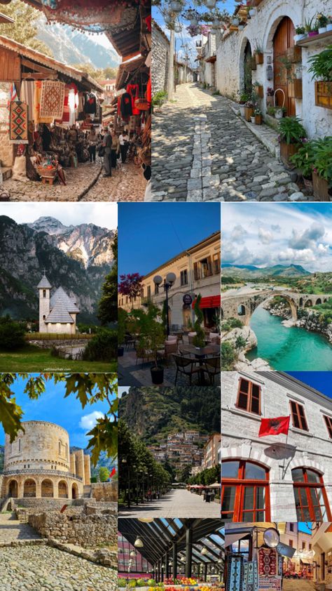 Explore the most beautiful destinations in Albania with this inspiring collage. From the paradisiacal beaches of the Albanian Riviera to the majestic peaks of the Albanian Alps, and the historic cities like Berat, Kruje and Gjirokastër, this visual guide takes you through the natural and cultural wonders of this fascinating country. Discover, admire, and get inspired! Albanian Culture, Macedonia, Albania, Travel Aesthetic, Beautiful Destinations, Get Inspired, Romania, Bulgaria, Beautiful Places