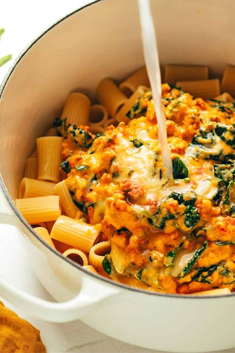 This pumpkin pasta recipe is made with a creamy pumpkin sage sauce and tossed with zesty Italian sausage and kale. Pumpkin Kale Pasta, Sage Butternut Squash Pasta, Pumpkin Sausage Pasta, Pasta With Italian Sausage, Butternut Squash Recipes Pasta, Creamy Pumpkin Pasta, Pumpkin Pasta Recipe, Sage Sauce, Sausage And Kale