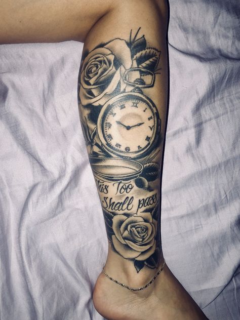 Womens Side Of Calf Tattoo, Clock Leg Tattoos Women, Back Of Lower Leg Tattoo Women, Leg Tattoos Women Cover Up, Female Calf Tattoo For Women, Rose Calf Tattoos For Women, Half Leg Sleeves For Females Calf, Leg Peices Tattoos, Women Leg Tattoos Calf