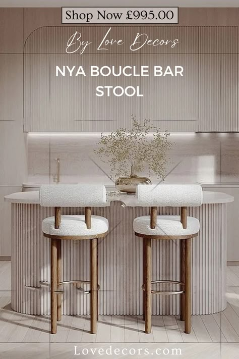 Elevate your dining experience with the Nya Boucle Bar Stool, a symbol of elegance, durability, and comfort. This bar stool not only adds a touch of sophistication to your space but also guarantees a seating experience that will make every meal memorable. The kitchen stool boasts boucle fabric that feels delicate and soft, providing both comfort and durability. #barstool #woodenbarstool #kitchenbarstool #counterstools #barstools Upholstered Kitchen Stools, Bar Seating In Kitchen, Japandi Counter Stool, Barstools In Kitchen, Bar Stools Ideas, Boucle Counter Stool, Boucle Bar Stool, Kitchen Barstools, Modern Bar Stools Kitchen