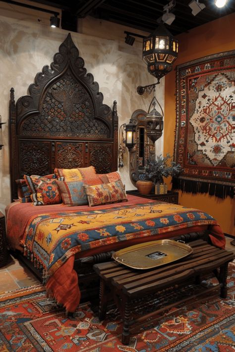 Retro Bedroom Ideas, Moroccan Bedroom Ideas, Turkish Bedroom, Moroccan Inspired Bedroom, Gothic Cottage, Distressed Wood Furniture, French Style Bedroom, The Olive Branch, Whimsical Bedroom